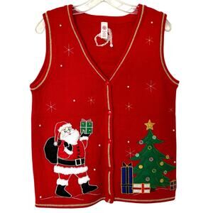 Christmas Santa Tree Embroidered Sweater Vest  Wms 2XL Ugly Christmas Sweater
